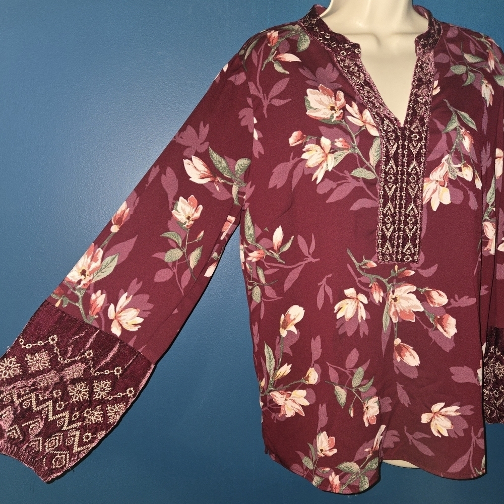 Burgundy Bishop Sleeve Floral Blouse with velvet accents, Size Small - Picture 3 of 14